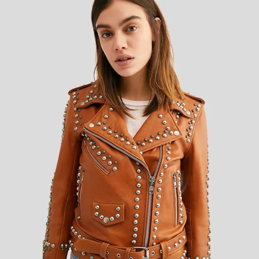 Women’s Studded Tan Leather Biker Jacket