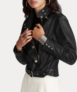 Women’s Black Belted Sheepskin Motorcycle Leather Jacket