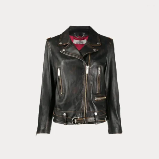 Womens Black Distressed Biker Leather Jacket