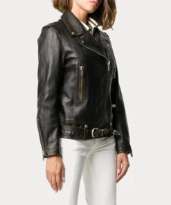 Womens Black Distressed Biker Leather Jacket