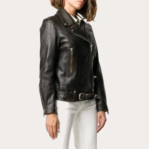 Womens Black Distressed Biker Leather Jacket