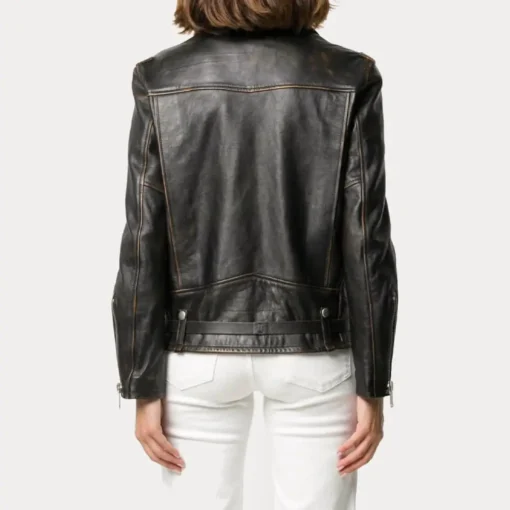 Womens Black Distressed Biker Leather Jacket