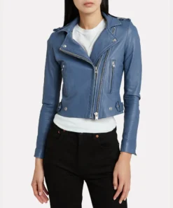 Womens Blue Slim Fit Motorcycle Leather Jacket