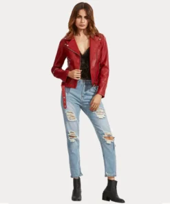 Womens Red Slim Fit Biker Leather Jacket