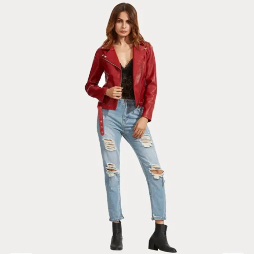 Womens Red Slim Fit Biker Leather Jacket