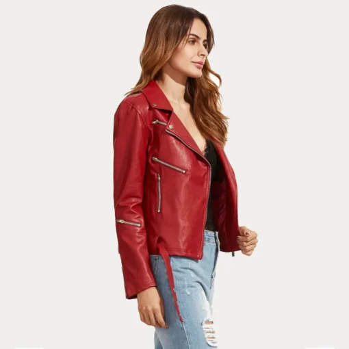 Womens Red Slim Fit Biker Leather Jacket