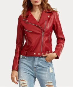 Womens Red Slim Fit Biker Leather Jacket